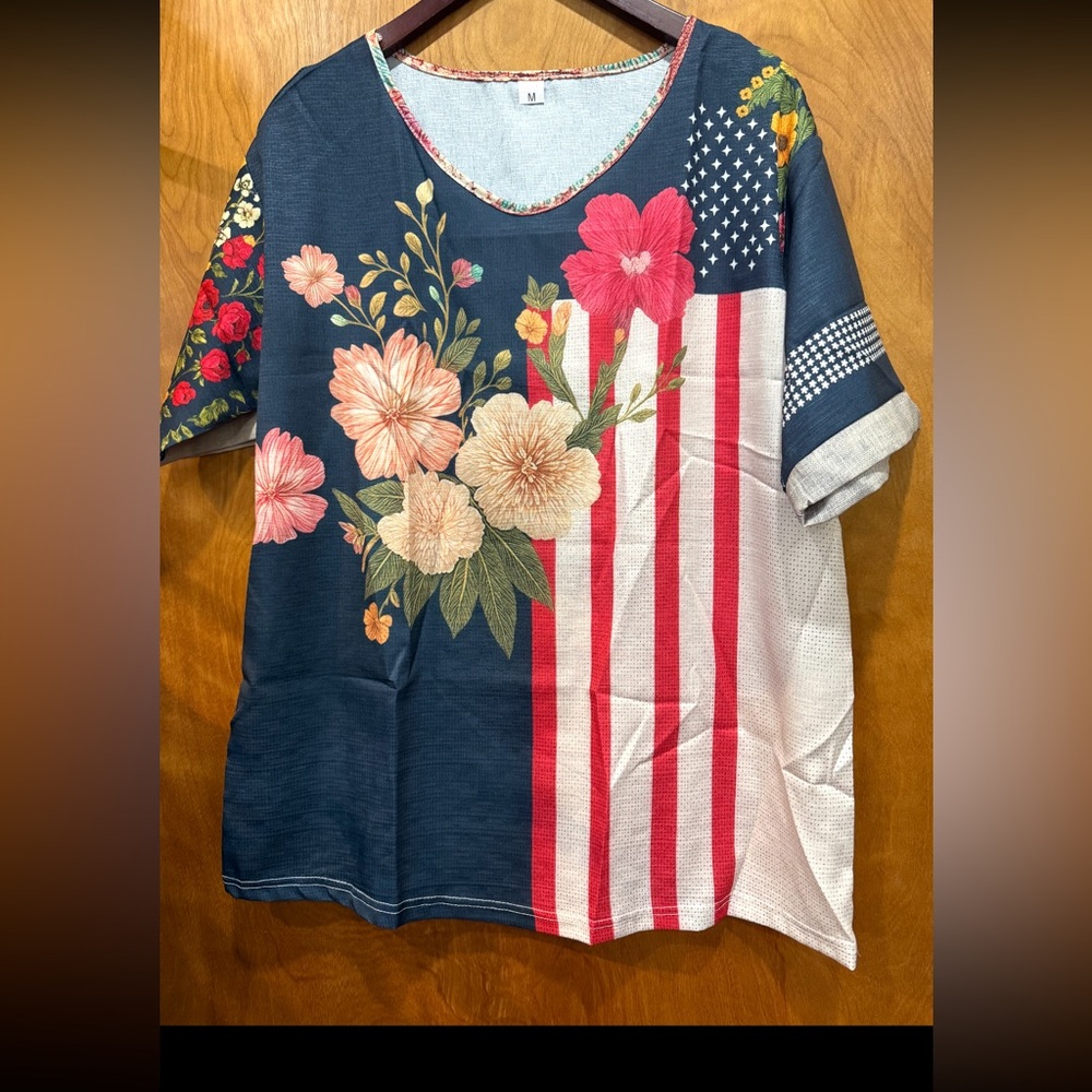 Floral and Striped Short Sleeve Top medium American flag floral patriotic